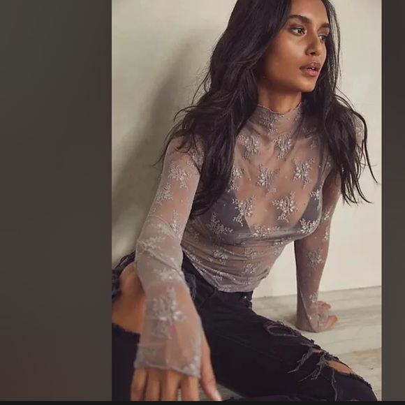 Free People Tops - Free People Floral Mesh Sheer Mock Neck Top Size Small Maple Sugar